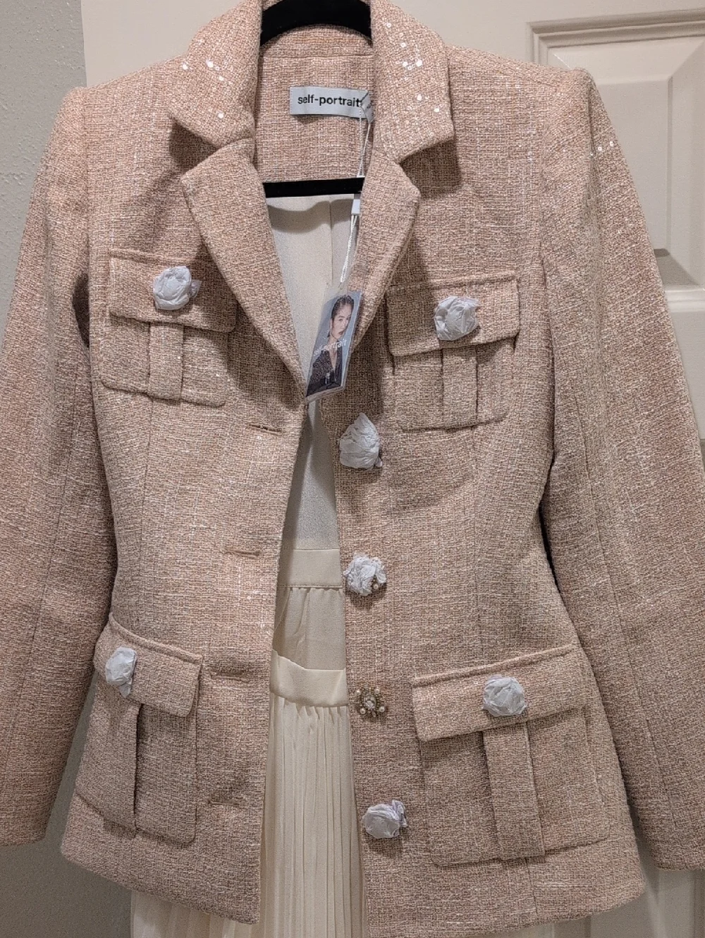 Self-Portrait Pale Blush Cream Tweed Blazer Buttons with Long Skirt With Lace - Picture 1 of 13